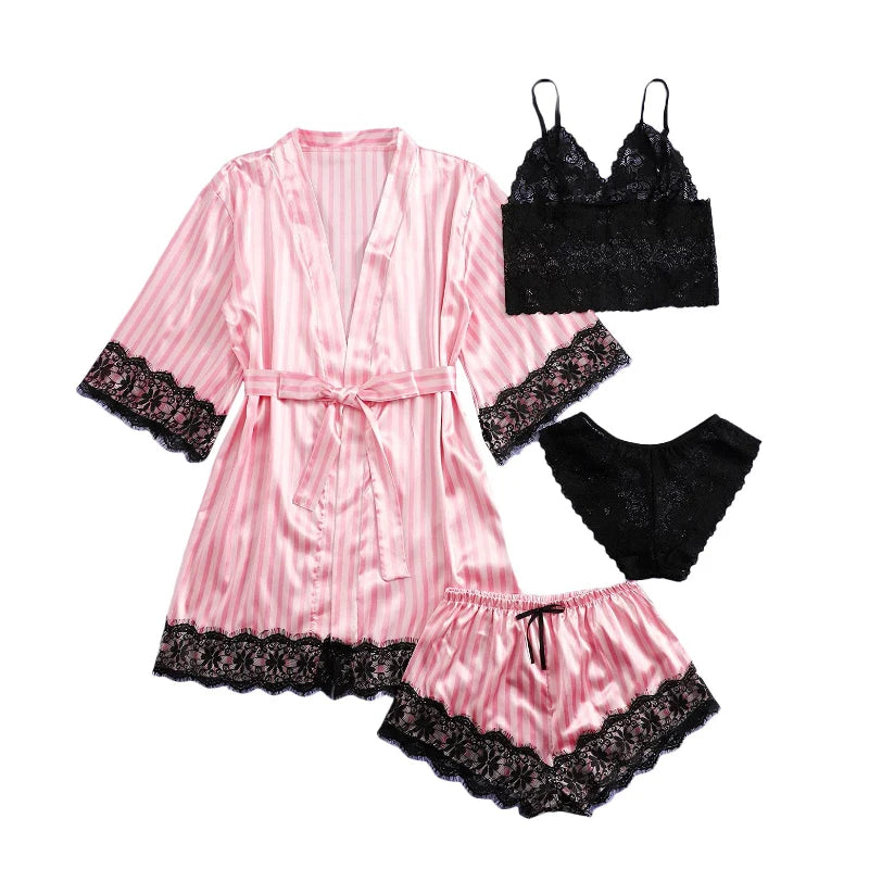 Women Satin Silk Pajamas Set 4 Pcs outfit Sexy Striped Lace Nightwear Sleepwear Ladie Lingеrie Robe Pajama Pants New in Matching