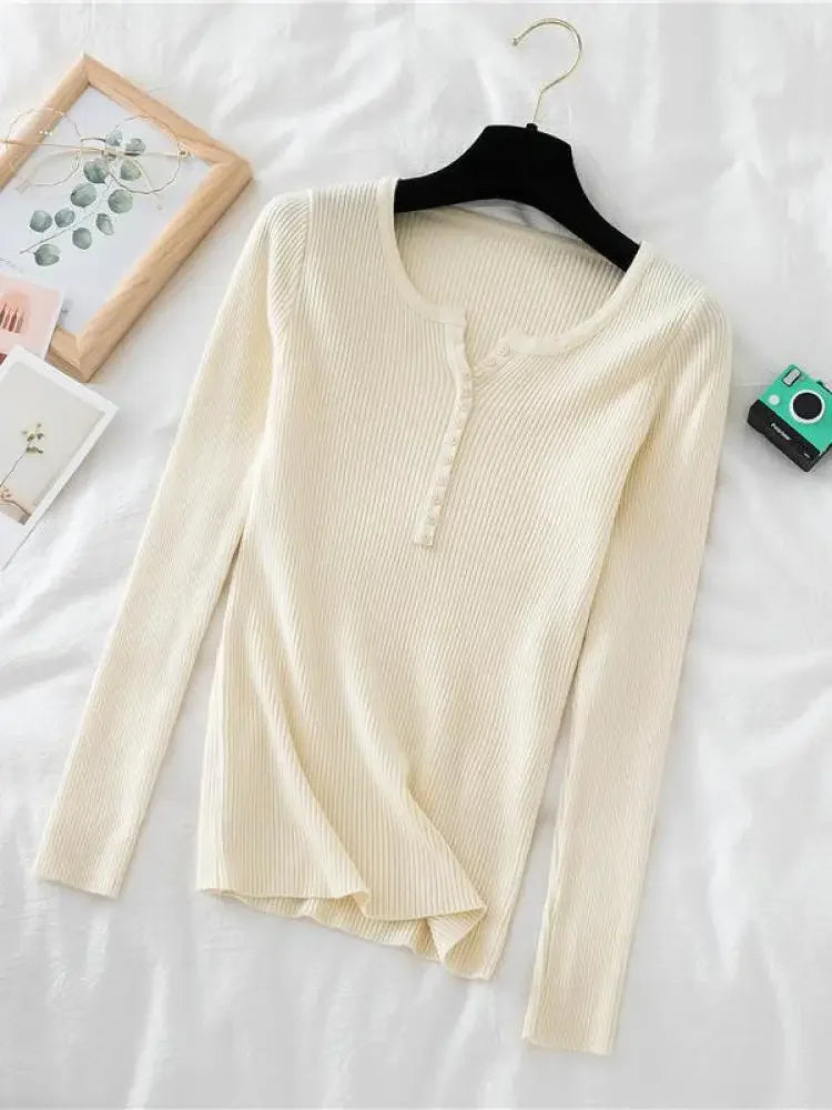 Korea Autumn Winter Button V Neck Sweater Women Basic Slim Pullover Women Sweaters And Pullovers Knit Jumper Soft Warm Tops