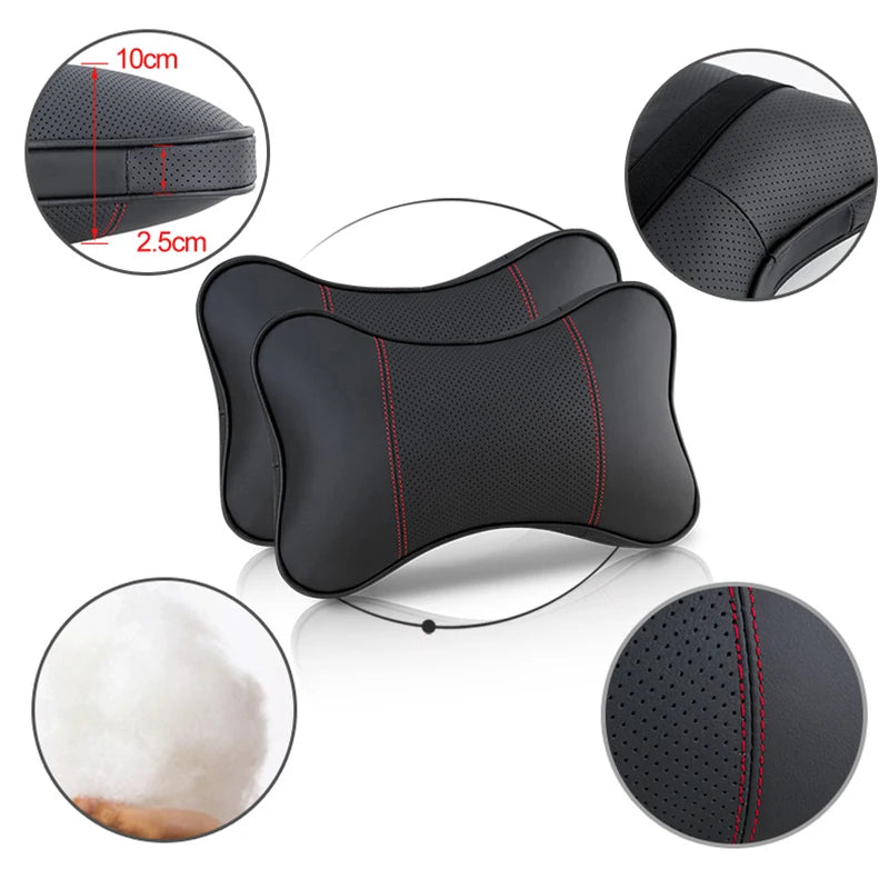 2PCS Top Quality Cowhide Car Neck Pillows Headrest Neck Pillow Support Auto Universal Seat Soft Breathable Interior Decoration