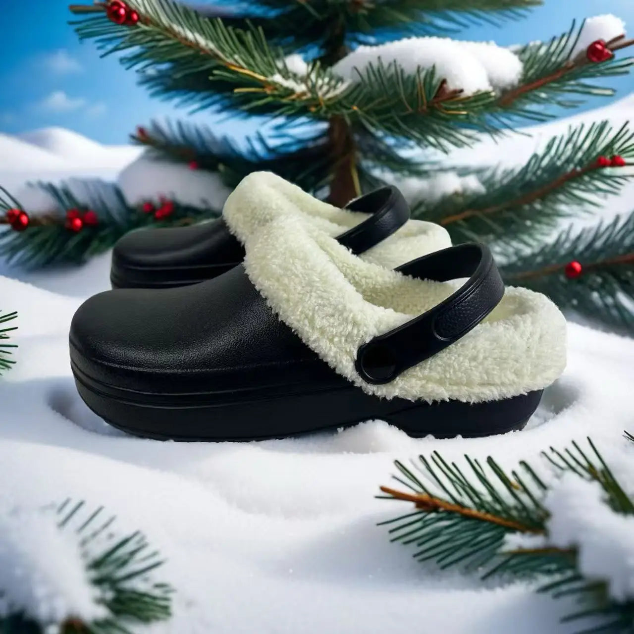Winter Warm Eva Leather Clog Shoes with Faux Fur Lining & Adjustable Strap for Women/Men Outdoor Snow Casual Wear Christmas Gift