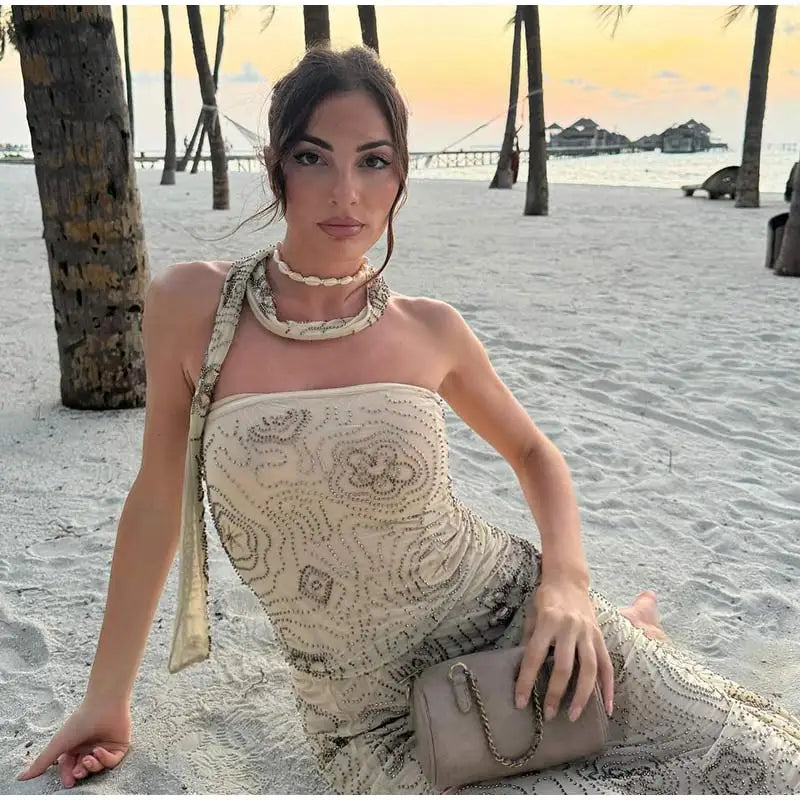 Chic Beaded Women's Top Pant Set Sexy Slim Halter Sleeveless Crop Tops See Through Elastic Waist Wide Leg Pants Summer Outfits