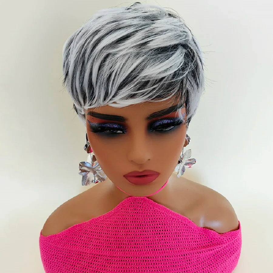 Short Pixie Cut Wigs Black Ombre White Synthetic Hair Wig with Bangs Heat Soft US