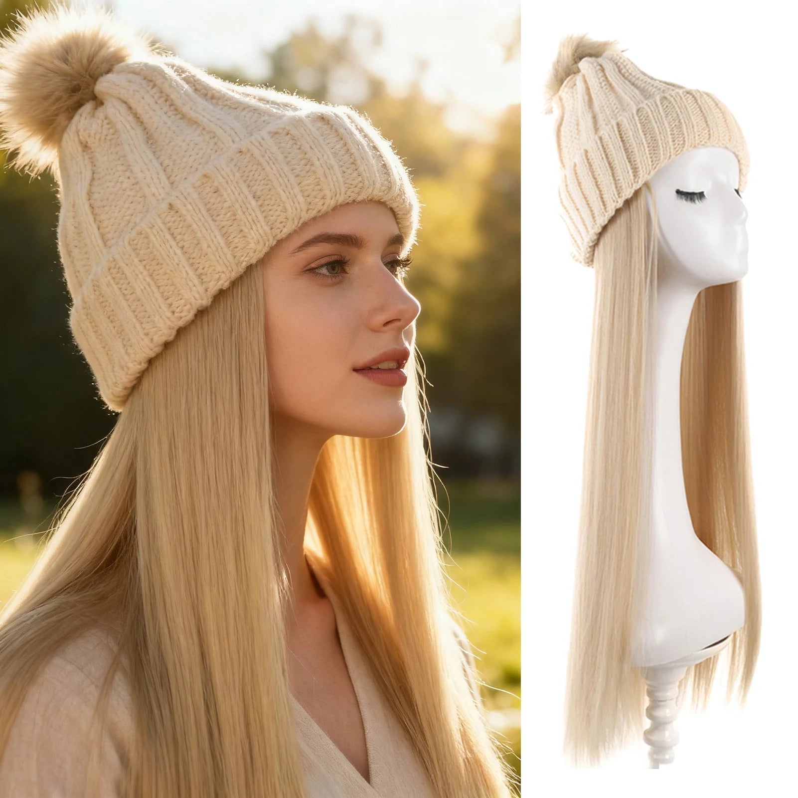 Gorro de punto para mujer, con pelo largo liso, cálido, para invierno, con pelo de fibra sintética negra realista, para clima frío