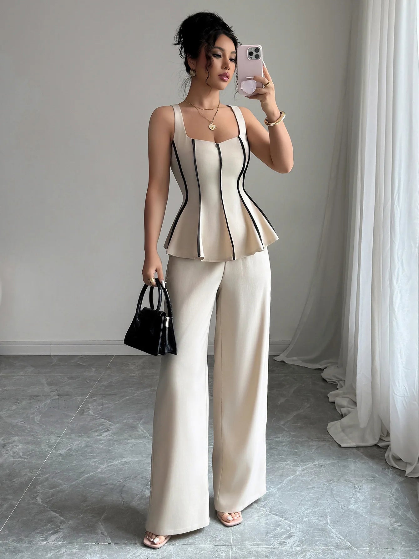 Two Piece Sets Women Pant Set Sleeveless Matching Sets Ruffles Tops Y2k Streetwear Elegant Work Wide Leg Long Pants High Waist