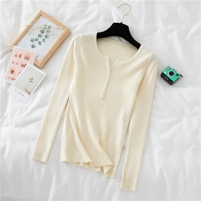 Korea Autumn Winter Button V Neck Sweater Women Basic Slim Pullover Women Sweaters And Pullovers Knit Jumper Soft Warm Tops