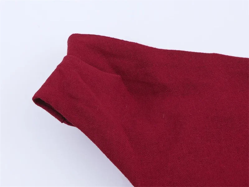 Women's New Dress Summer Red Linen Blend Pleated Midi Dress Irregular Collar Design Sexy Fashion Sense of Luxury