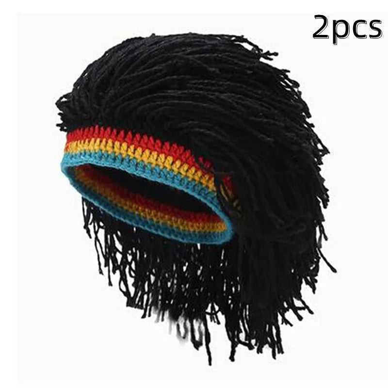1/2pcs Jamaican Knitted Wig Braid Hat Unisex Hair Hat Handmade Fancy Wig Caps Halloween Ghost House Wig Black