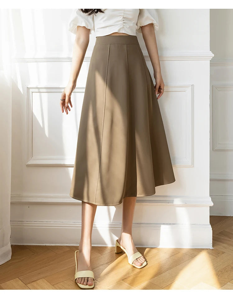 Women's Skirt Spring Women High Waist Solid Vintage Girl's Waist Down Skirt Knee-length A-line Fashion Thin Skirt for Women