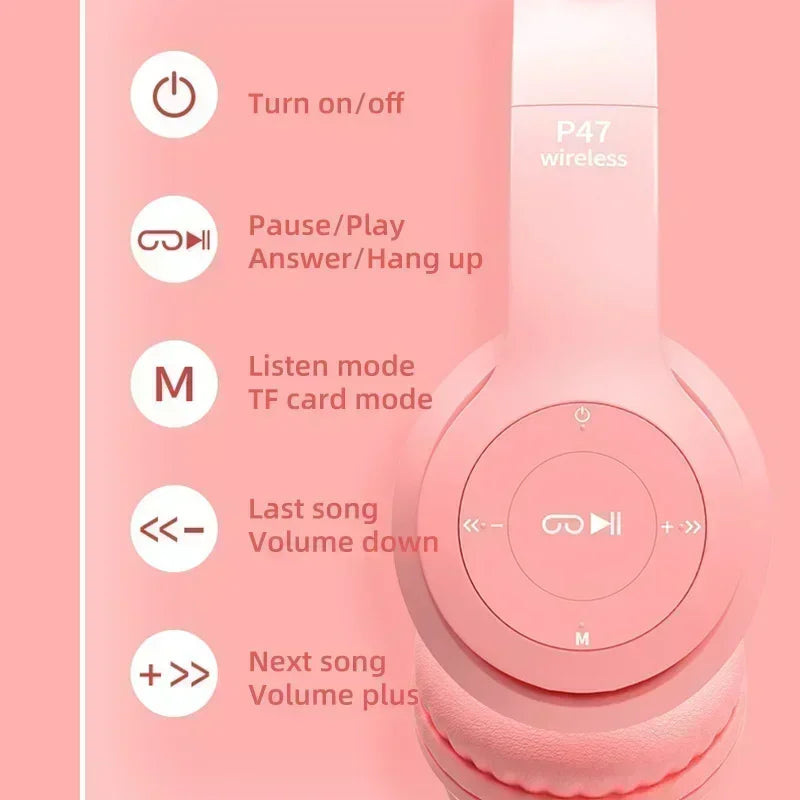 P47M Wireless Game Headphone Flash Light Cute Cat Ears Gaming with Mic Control LED Stereo Music Phone Bluetooth Headset Gift