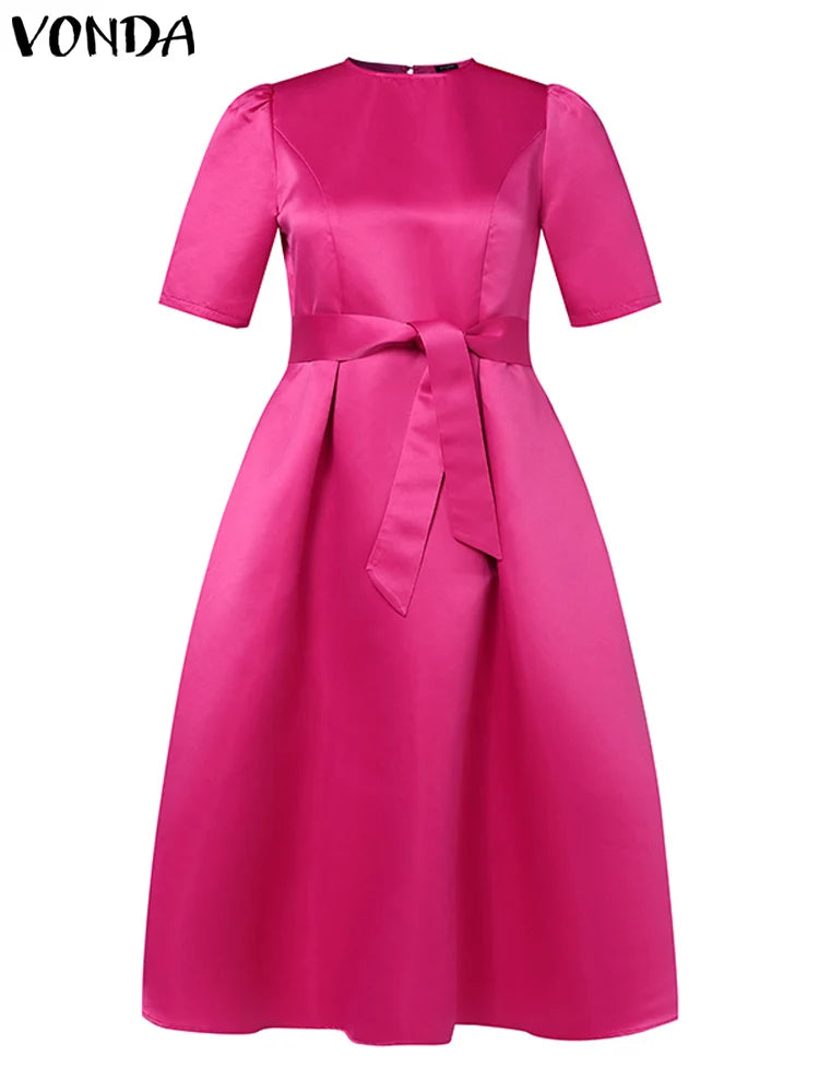 VONDA Elegant Women Satin Short Sleeve Midi Dress Summer Vestidos Casual Belted Loose Solid Color Long Sundress Oversized