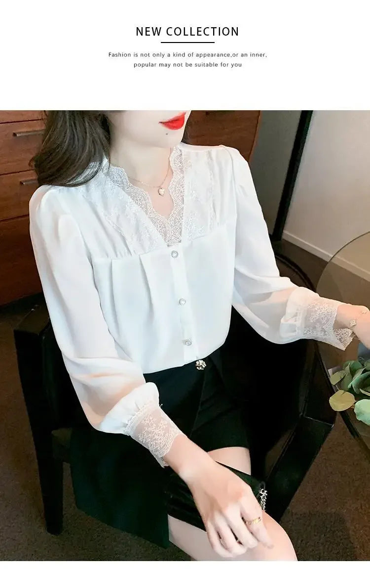 Women's Clothing White Chiffon Blouse Spring New V-Neck Lace Detail High-End Unique Design Feminine Layering Top