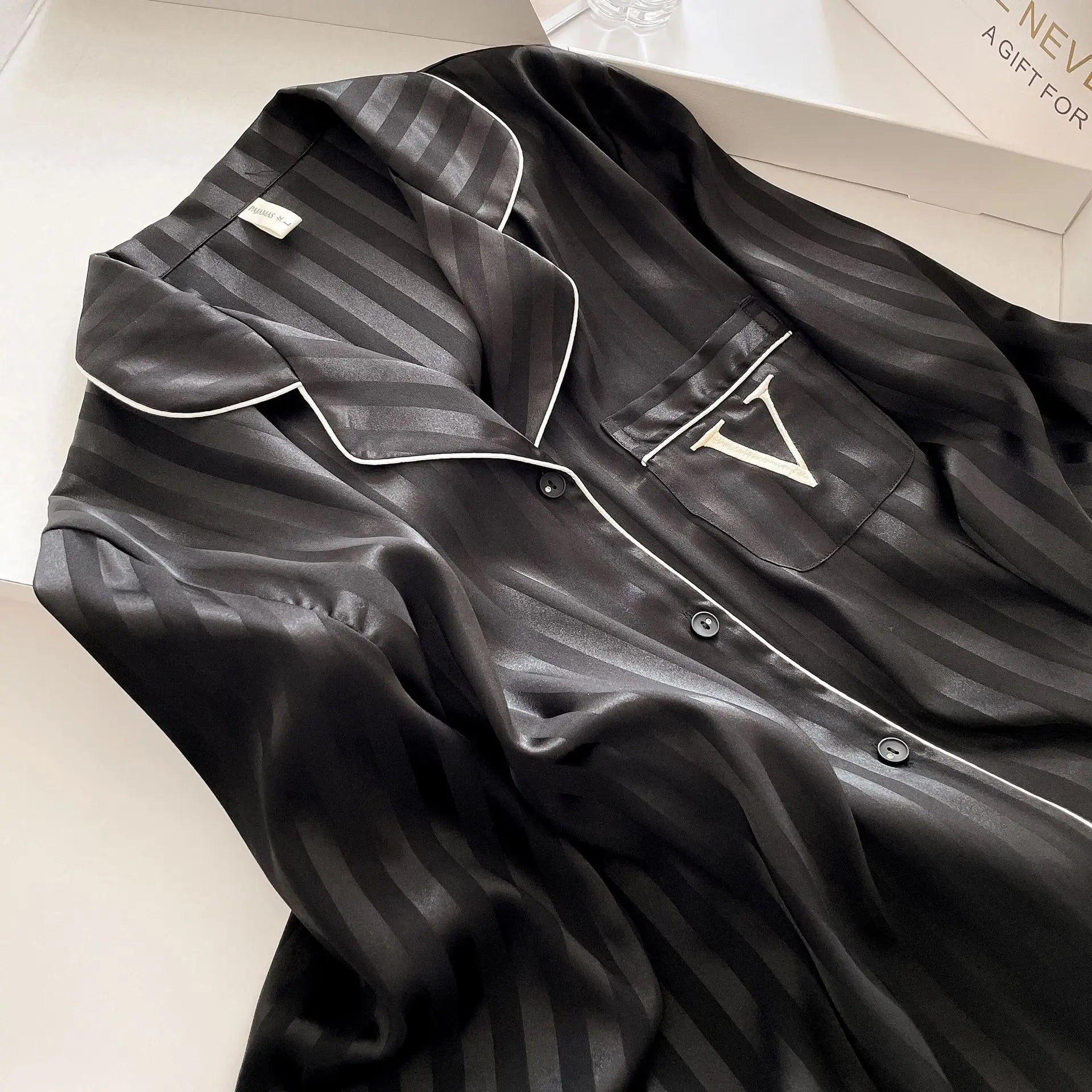 Women's Striped Pajamas Set Satin Long Sleeved Lapel Shirts Nightwear Sexy Lingerie Home Clothes Loose Sleepwear Loungewear