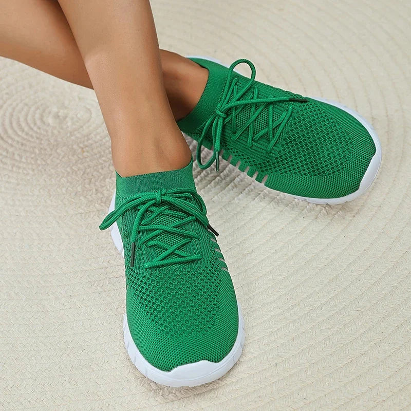 Green Soft Sole Knit Walking Shoes for Women Comfortable Breathable Mesh Sneakers Woman Plus Size Lightweight Casual Flats