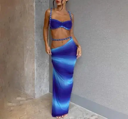 Skirt Set for Women's Fashion Spring Summer Latest Clothin Sexy Solid Color Backless Small Tank Top Hip Hugging Skirt Set