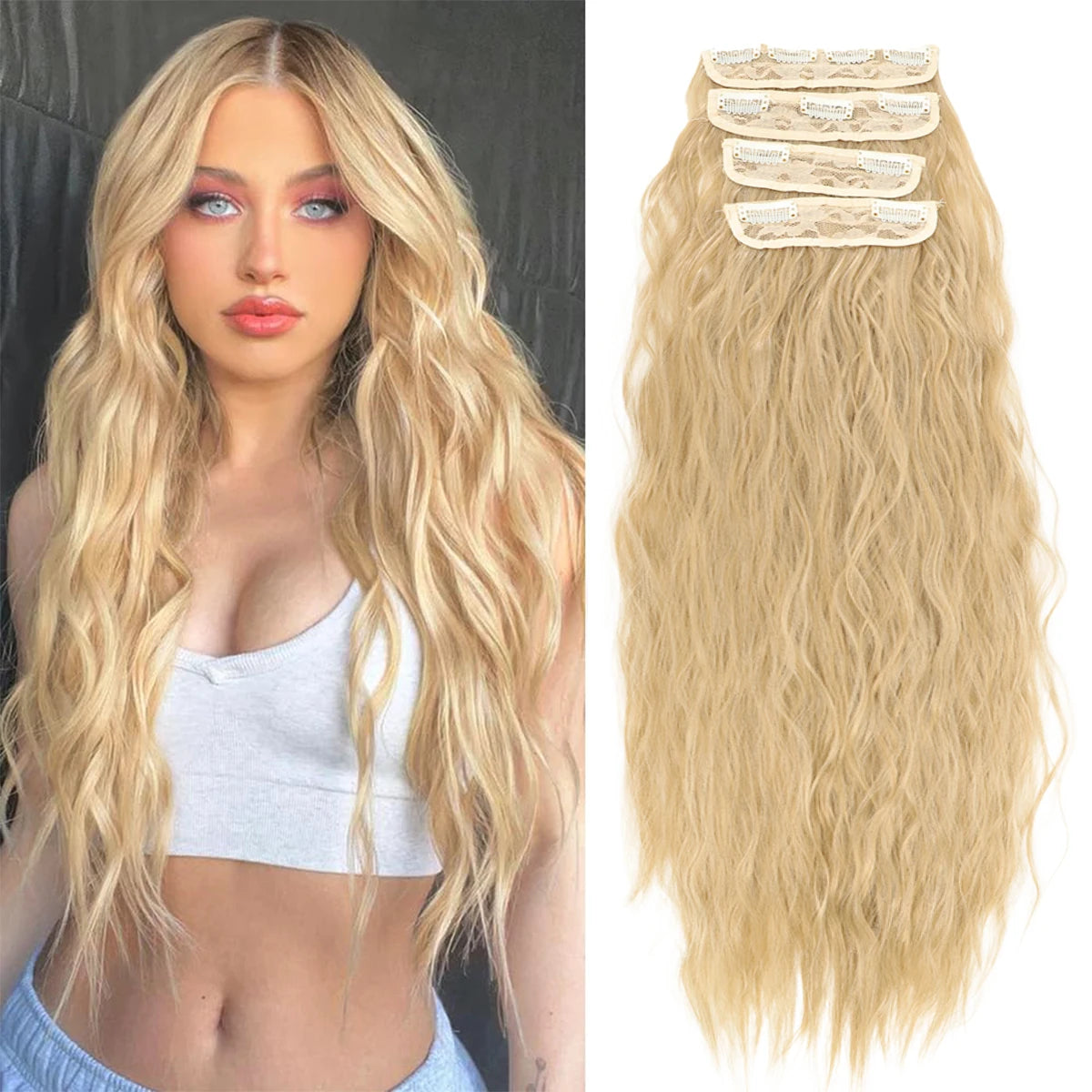 Natural Long Wavy Synthetic Hair Extension 18-32 inches Black 4pcs Hairpiece Fiber Double Weft Hair For Women Hair Accessories