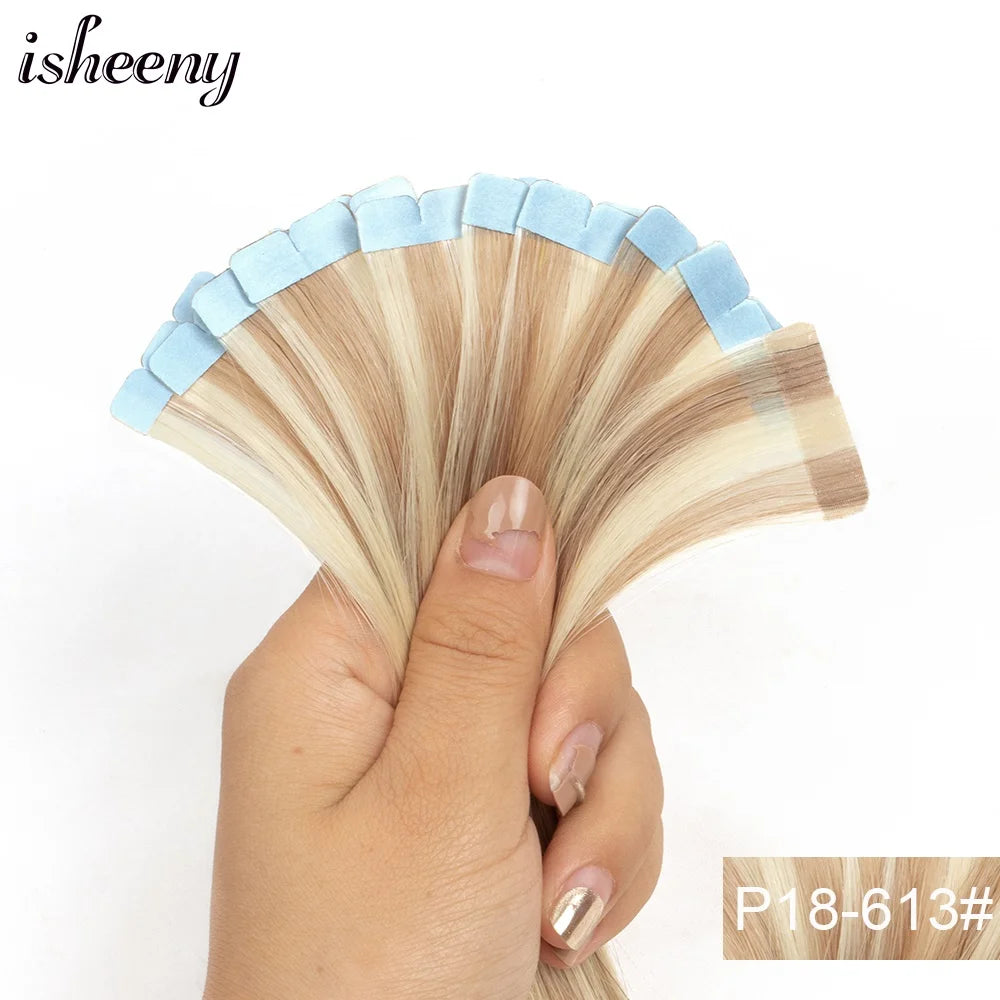 Isheeny 12"-24" Mini Tape Hair Extensions Machine Remy Human Hair Adhesive Tape In Human Hair Natural Straight 10pcs/pack