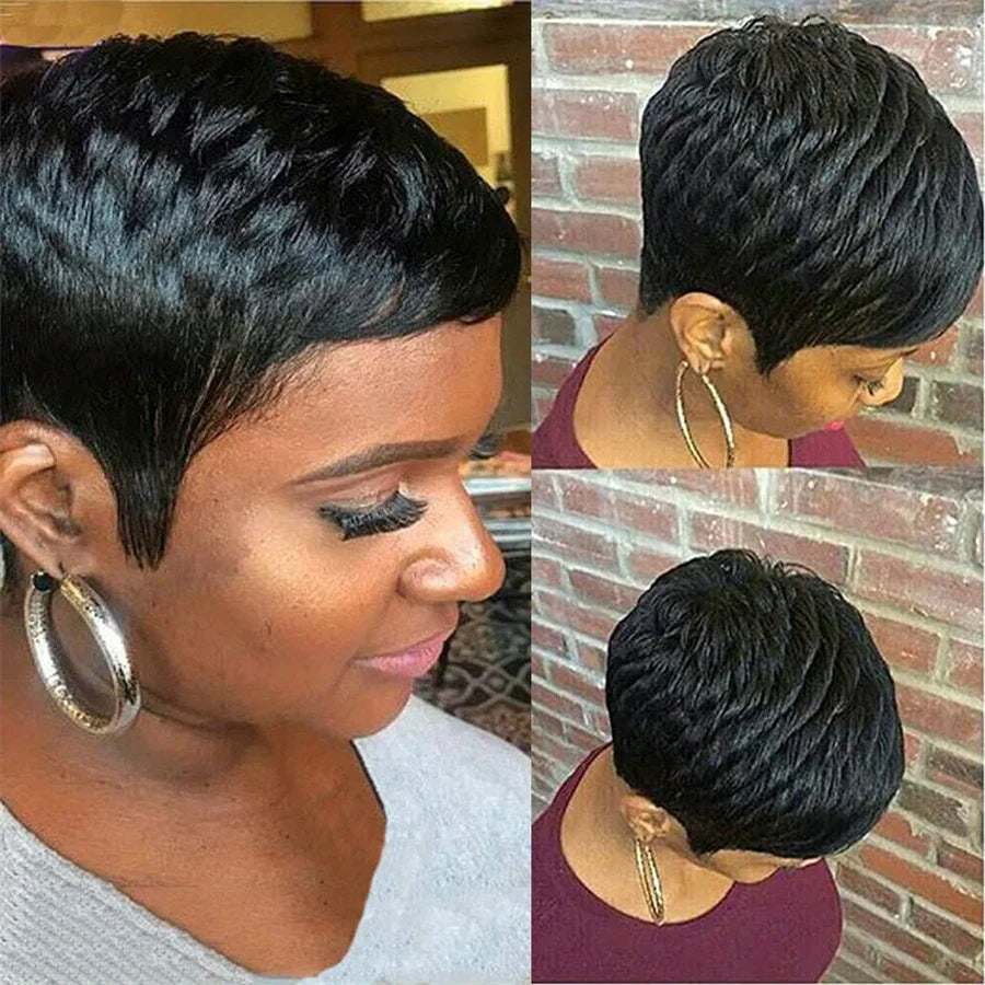 Pixie Cut Human Hair Wig – 150% Density Short Straight Layered Remy Wig