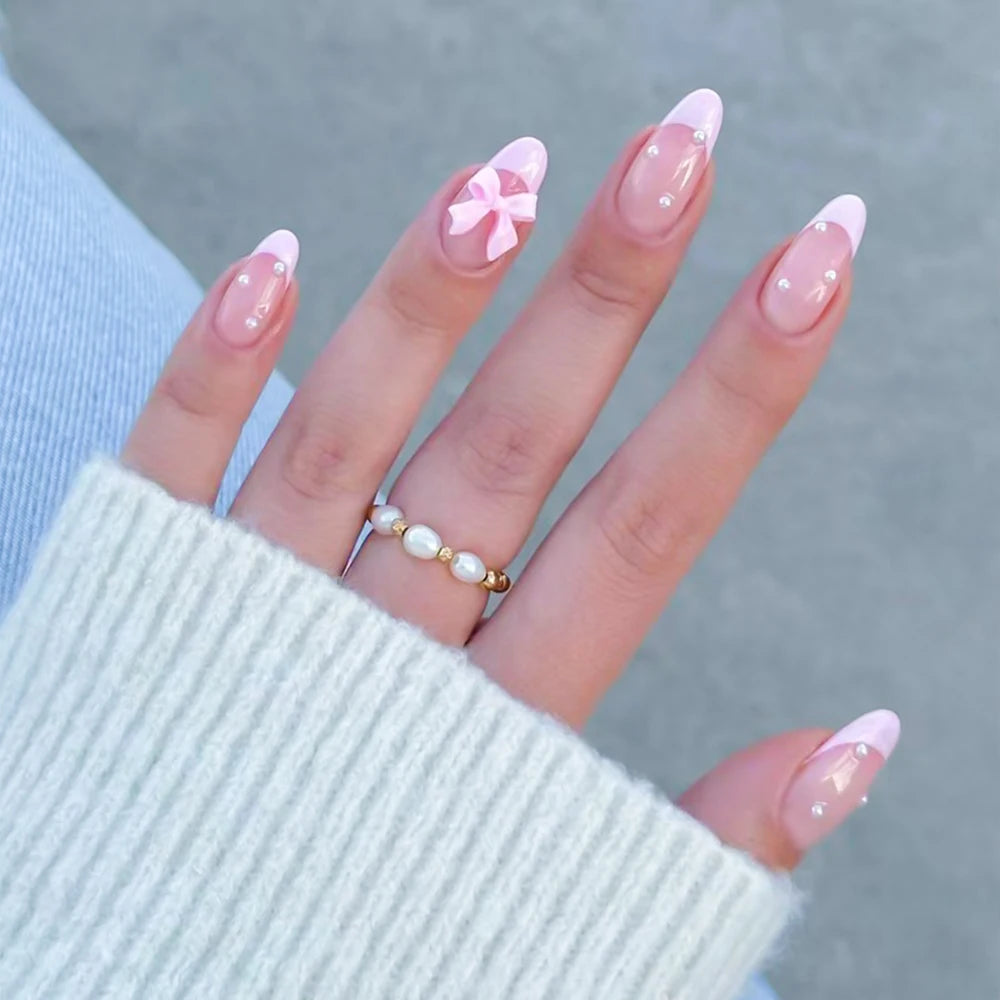 24Pcs 3D Stereo Bow Pearl French False Nails Pink Long Coffin Wearable Ballerina Fake Nails Full Cover Acrylic Press on Nail Tip