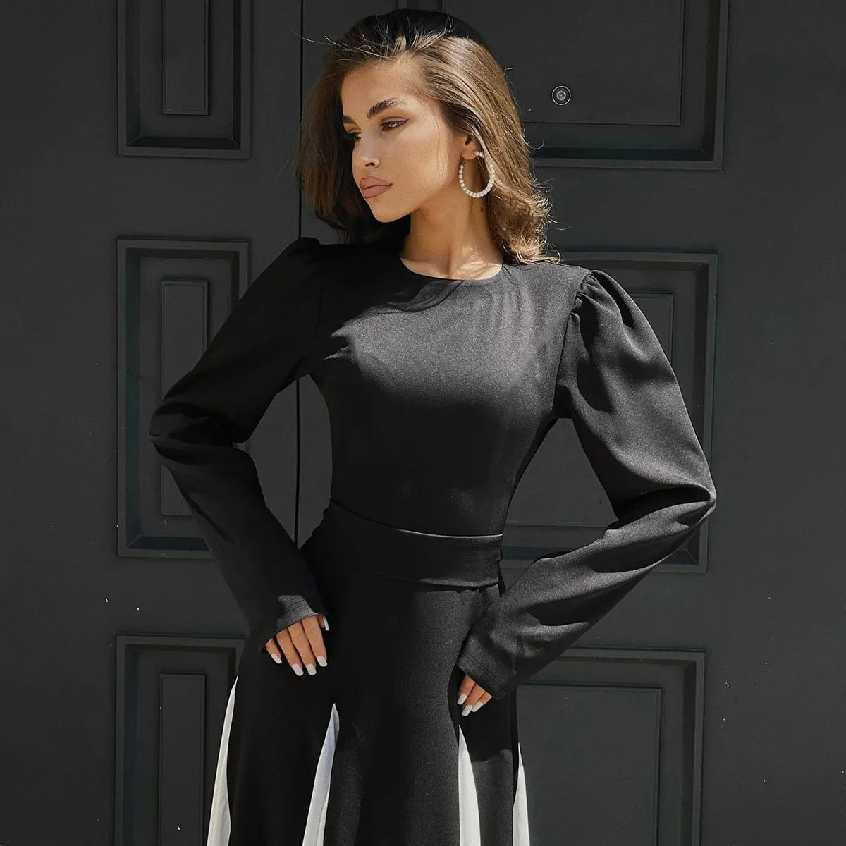 Women's Clothing Spring and Summer New Temperament Fashion Celebrity Style Contrasting Color Mid-waist Lace-up Dress