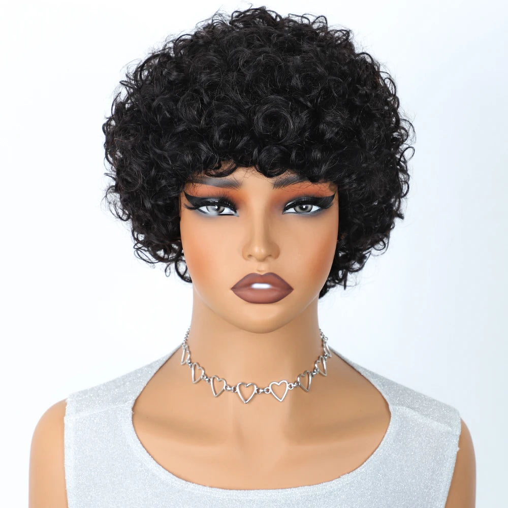 Lekker Clearance Black 100% Human Hair Wigs Short Pixie Cut Afro Curly Bob For Women Brazilian Remy Hair Full Machine Made Wigs