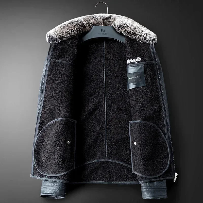 High Quality Luxury Mens Leather Jacket Plush Real Fur Coat Jackets Handsome Fashionable Young Man Winter Genuine Leather Coat