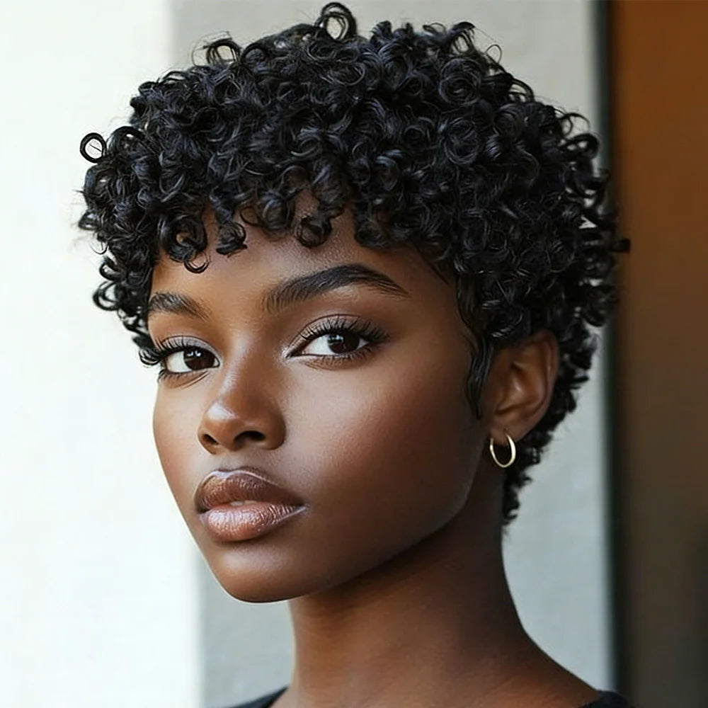 Short Black Kinky Curly Pixie Cut Human Hair Wig With Bangs Brazilian Remy Human Hair Wigs 180% Density Full Machine Made Wig