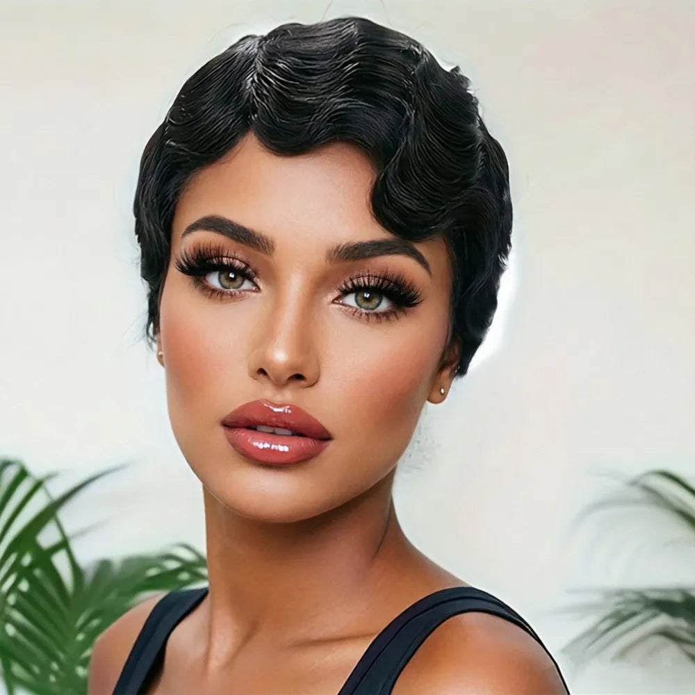 natural black color pixie cut wig short finger wave human hair wig pixie wig for women daily party use wig  machine made