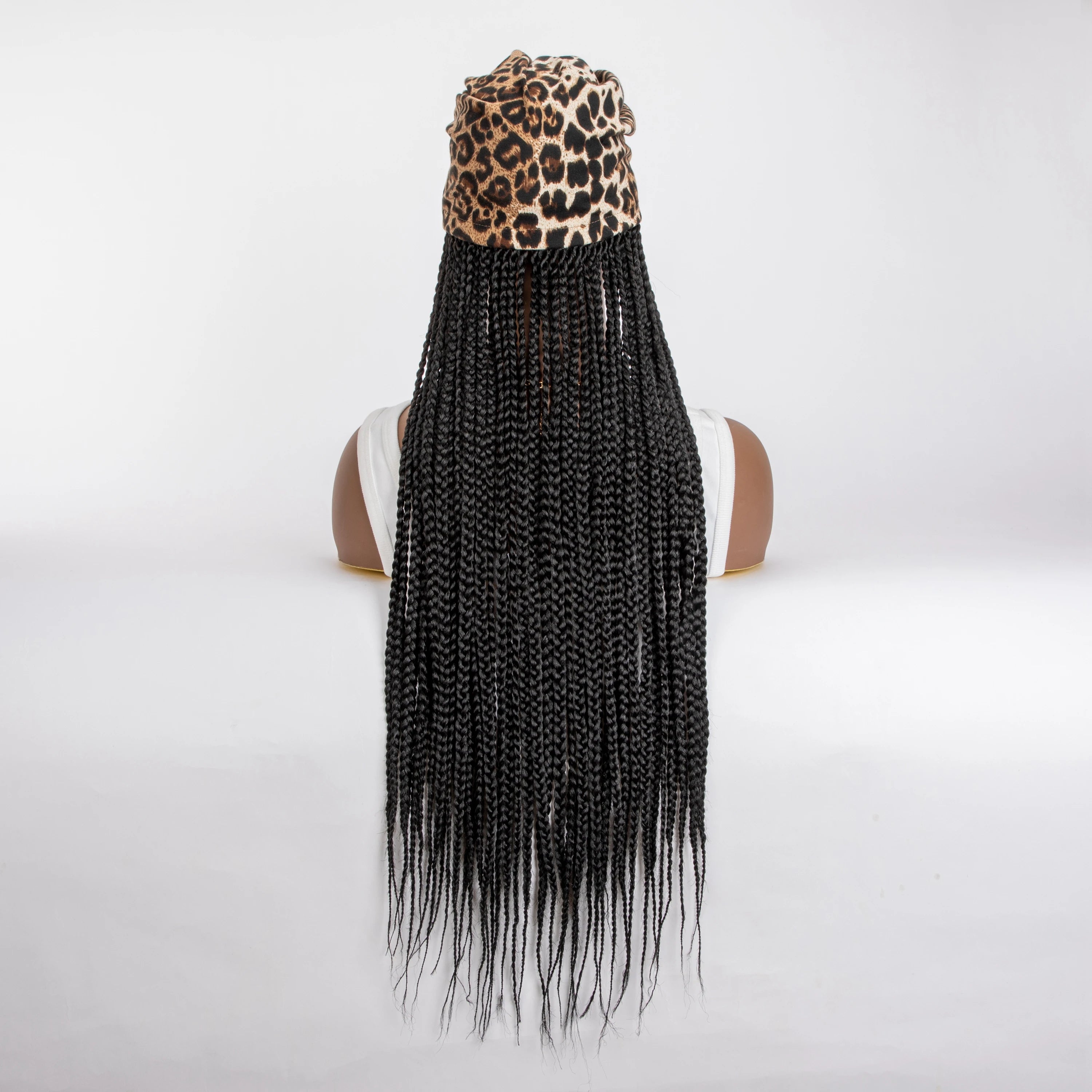 WIGERA Diadema con estampado de leopardo Peluca sintética trenzada larga con gorro turbante Trenzado de caja Extensiones de cabello Pañuelo para la cabeza Peinado fácil