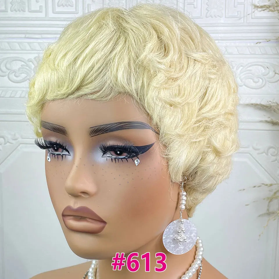 Pixie Cut Human Hair Wigs Short Wigs for Women Color 30 Layered Pixie Wig With Bangs Blonde Full Machine Made Wig On Sale