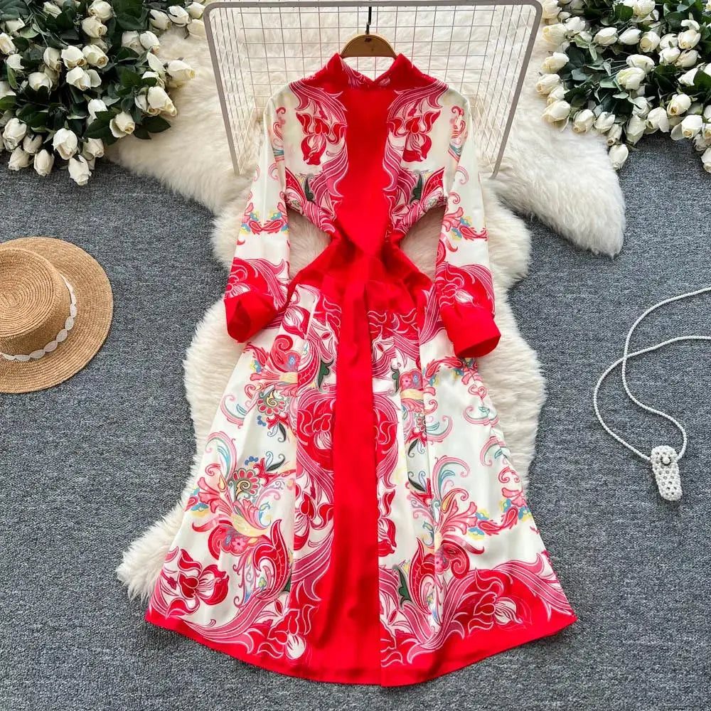 Fashion High-End Feeling Gown Dress Elegant European Court Style Long Printed Slimming New Women's Design Sensation Retro Summer