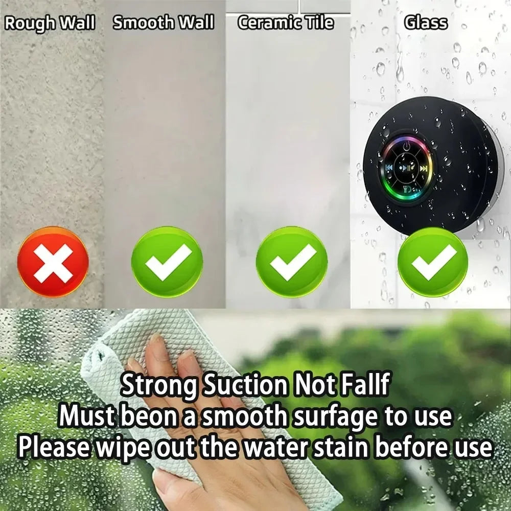 Portable Bluetooth Speaker IPX4 Waterproof With LED Lights Large Suction Cup For Bathroom Outdoor Wall Mount Wireless Music