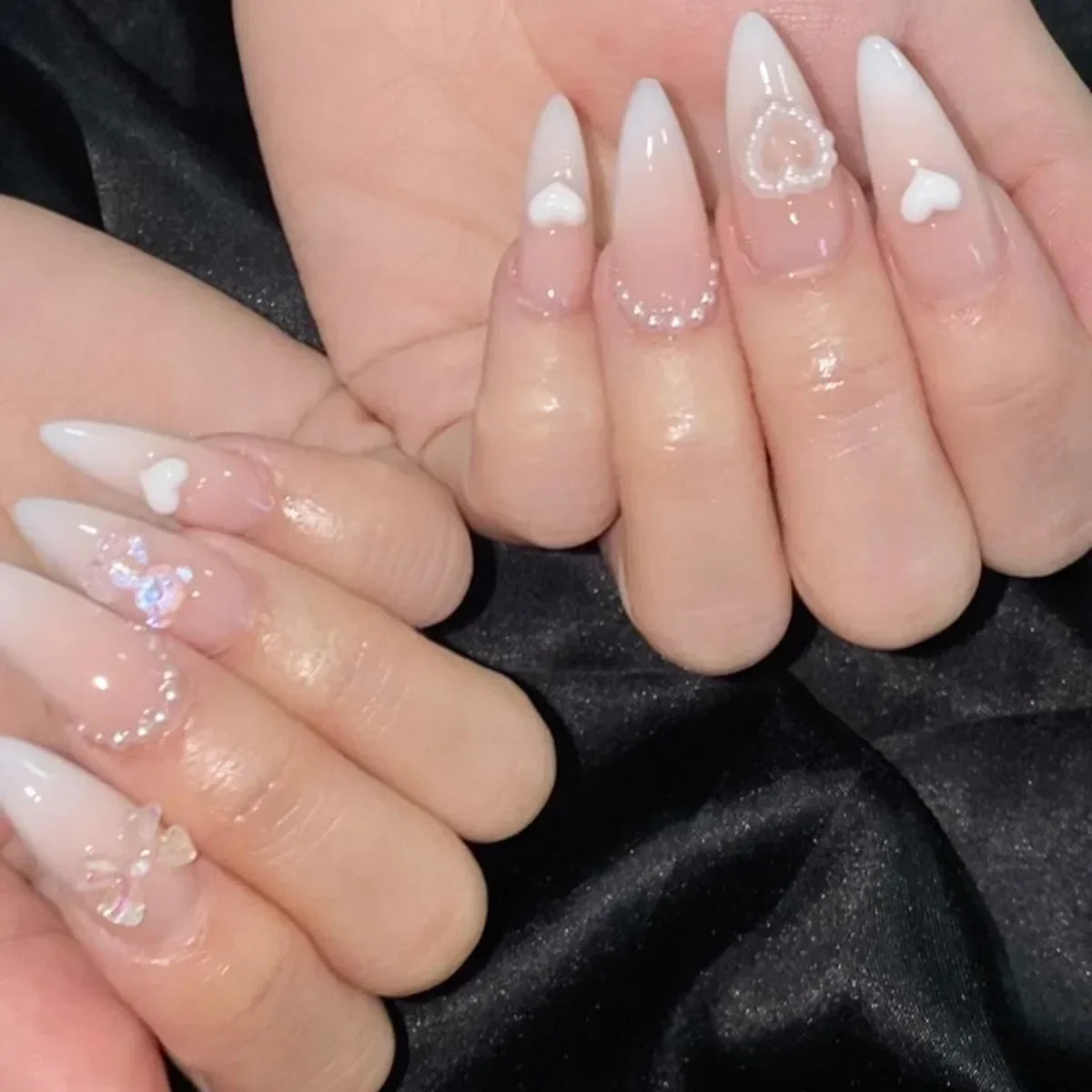 24Pcs Almond Press-On Nails in Pink Cat Eye with Heart & Strawberry Designs – Glossy Acrylic Stick-On Nails for Women & Girls