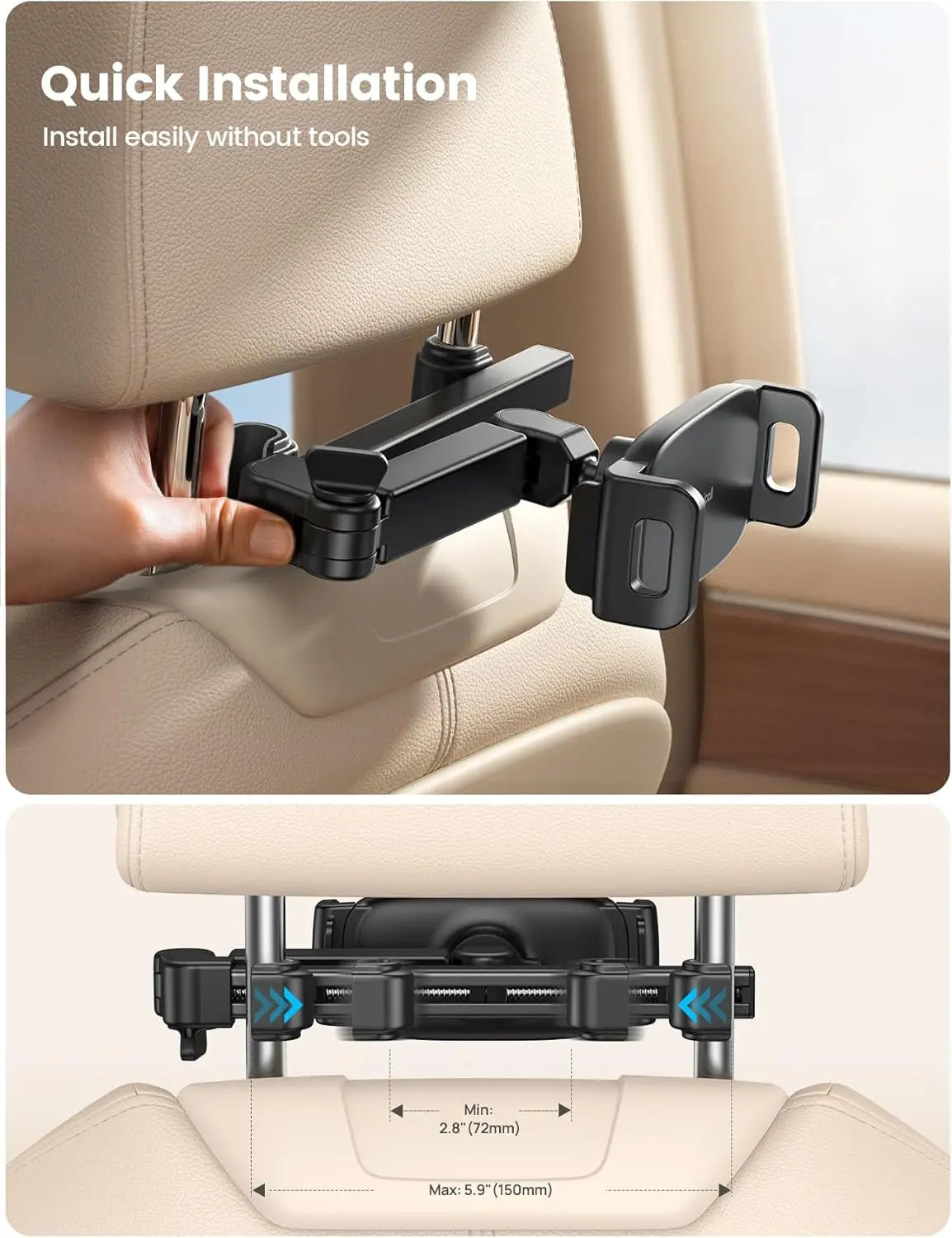 Adjustable Car Headrest Tablet Holder with Extension Arm for 4.7-11" Devices, Ideal for Kids Road Trips