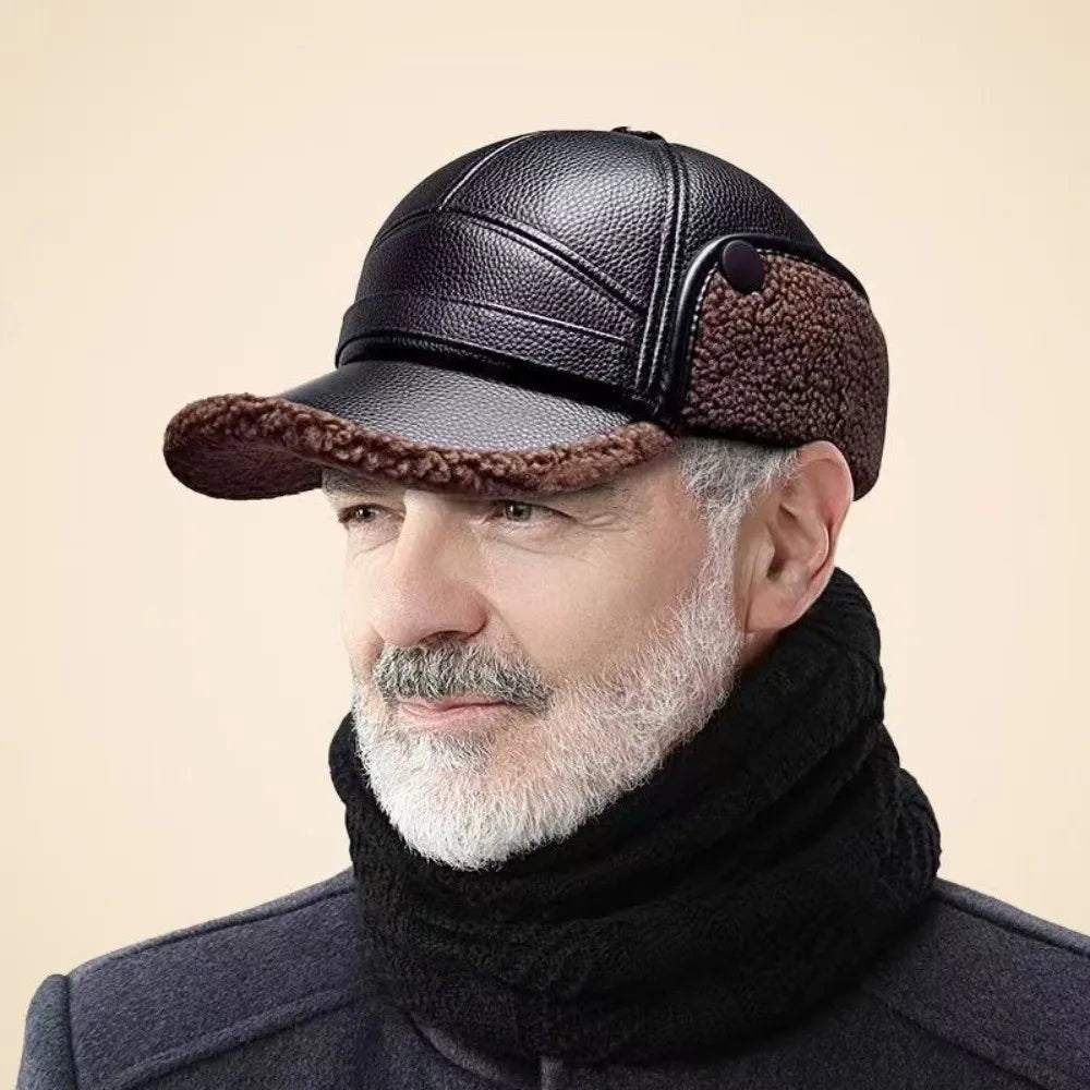 High Quality PU Leather Baseball Cap Cold Proof with Earflaps Thermal Hat Windproof Ear Protection Hat Winter