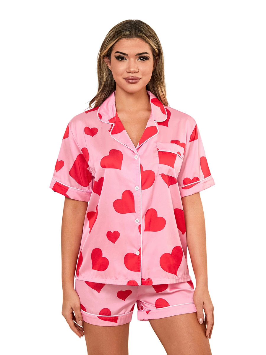 Conjunto de pijama de San Valentín para mujer, de manga corta, con estampado de corazón, top y pantalones cortos, ropa de casa, conjuntos a juego