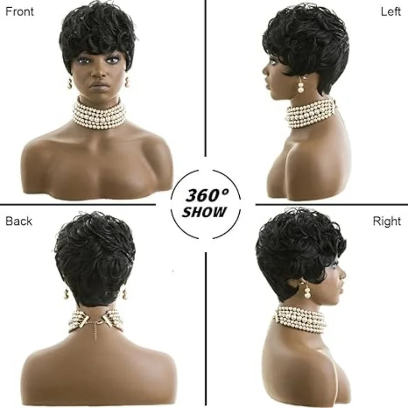 Black women's elf short wig, curly black short wig, black women's synthetic wig, natural, wavy, black elf hairstyle