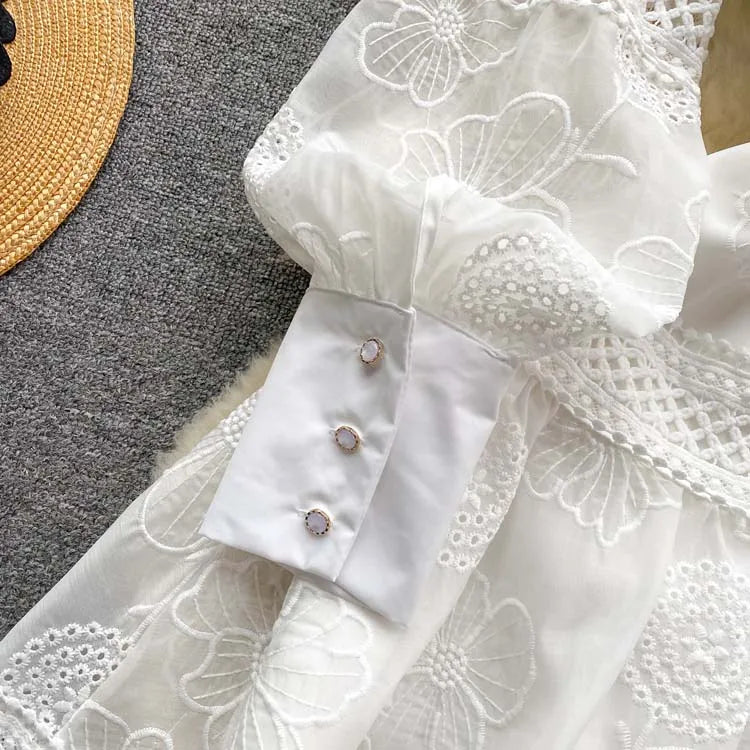 Luxury Women Lace Shirt dress White Black  New Vintage embroidery Lantern sleeve dresses with belt Sexy clothes INKEO 4D062