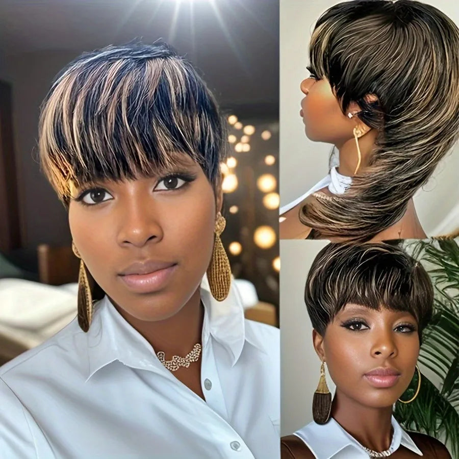 short straight human hair wig mullet wig 1b27 color machine made for women daily party use wig pixie cut wig