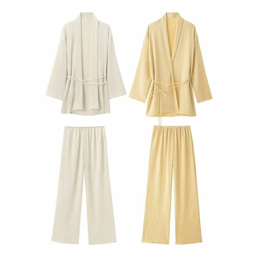 Women's Pajamas for Women 2 Pieces Set Kimono Style Loose Lace Up Shirts Tops Women's Wide Leg Pants Sets Sleepwear Women