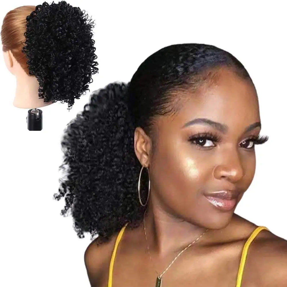 Extensions de cheveux synthétiques queue de cheval Afro Kinky Curly de 10 pouces, extensions de cheveux naturels Remy vierges noires, postiches pour femmes noires