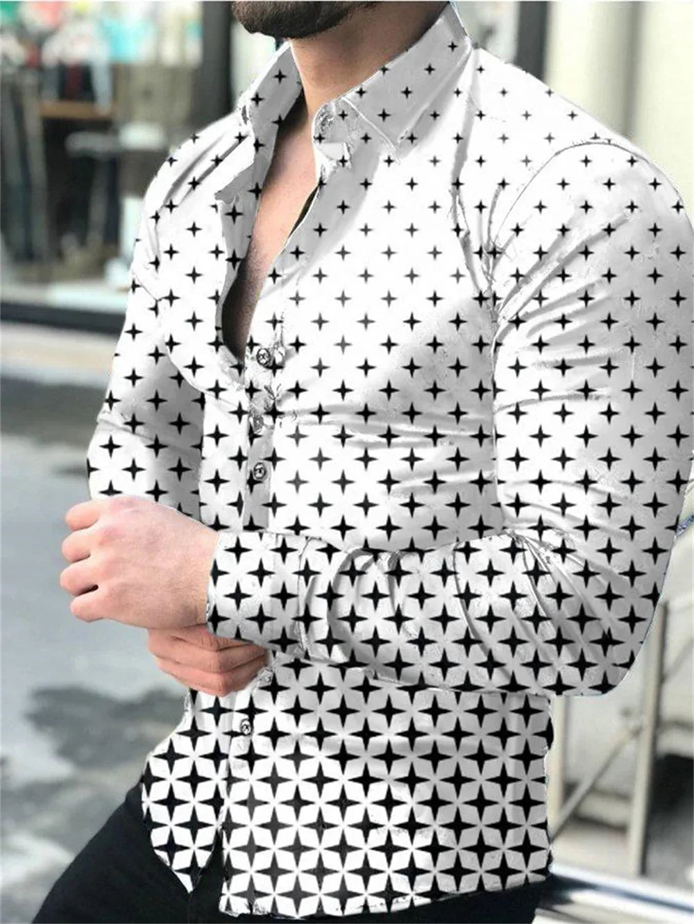 Luxury men's social shirt lapel single-breasted 3D plaid print long-sleeved designer clothing casual street white shirt