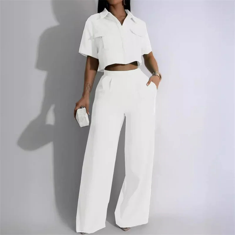 Conjuntos de pantalón elegante sólido de mujer, atuendo de 2 piezas para verano 2024, top de camisa con botones, cuello vuelto y bolsillos, y traje de pantalones de pierna ancha