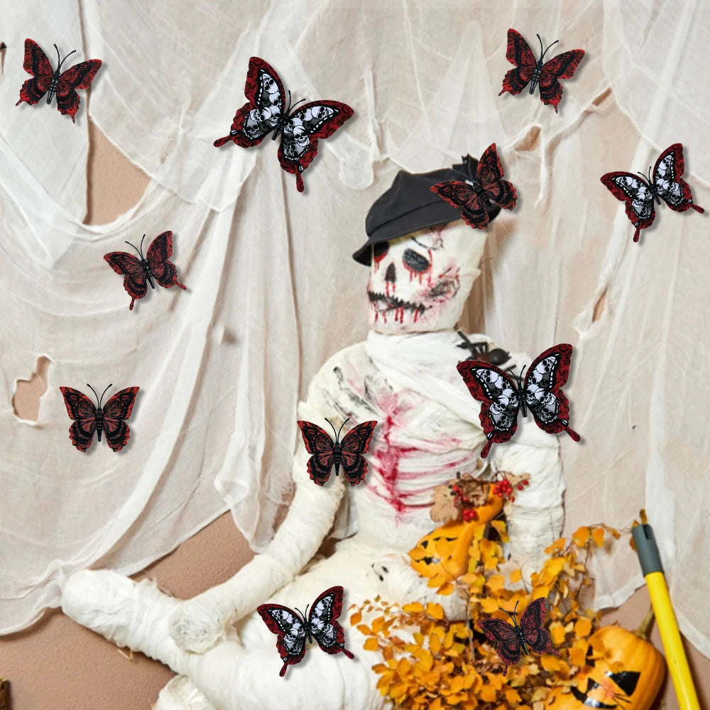 12pcs Halloween Skull Butterfly Bat Sticker 3D Double-Layer Wall Decals Haunted House Scary Prop Halloween Party Home Decoration