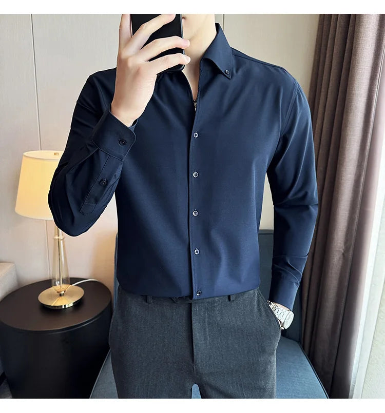 Men Dress Shirt Autumn British Style Solid Casual Slim Fit Formal Camisas V-neck Long Sleeves Shirt Streetwear Men Clothing
