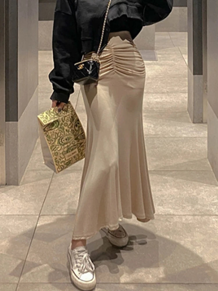 Shirring Satin Skirts for Women High Waisted Skirt Women A-Line Elegant Skirts Summer Pink Midi Skirt New Korean Style