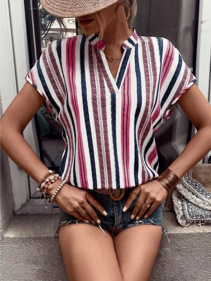 Women's Tops Blouses New Summer Casual Fashion Striped Print V-neck Short Sleeve Shirt Elegant Women Shirts Tops Streetwear