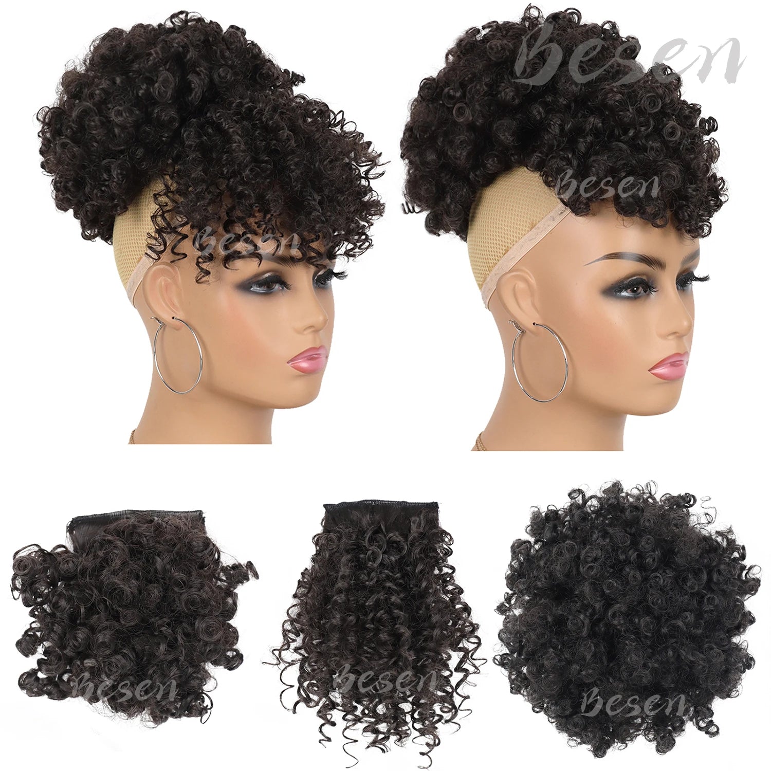 Queue de cheval afro synthétique avec cordon de serrage et frange remplaçable, chignon afro court avec 2 franges, postiche à clipser.