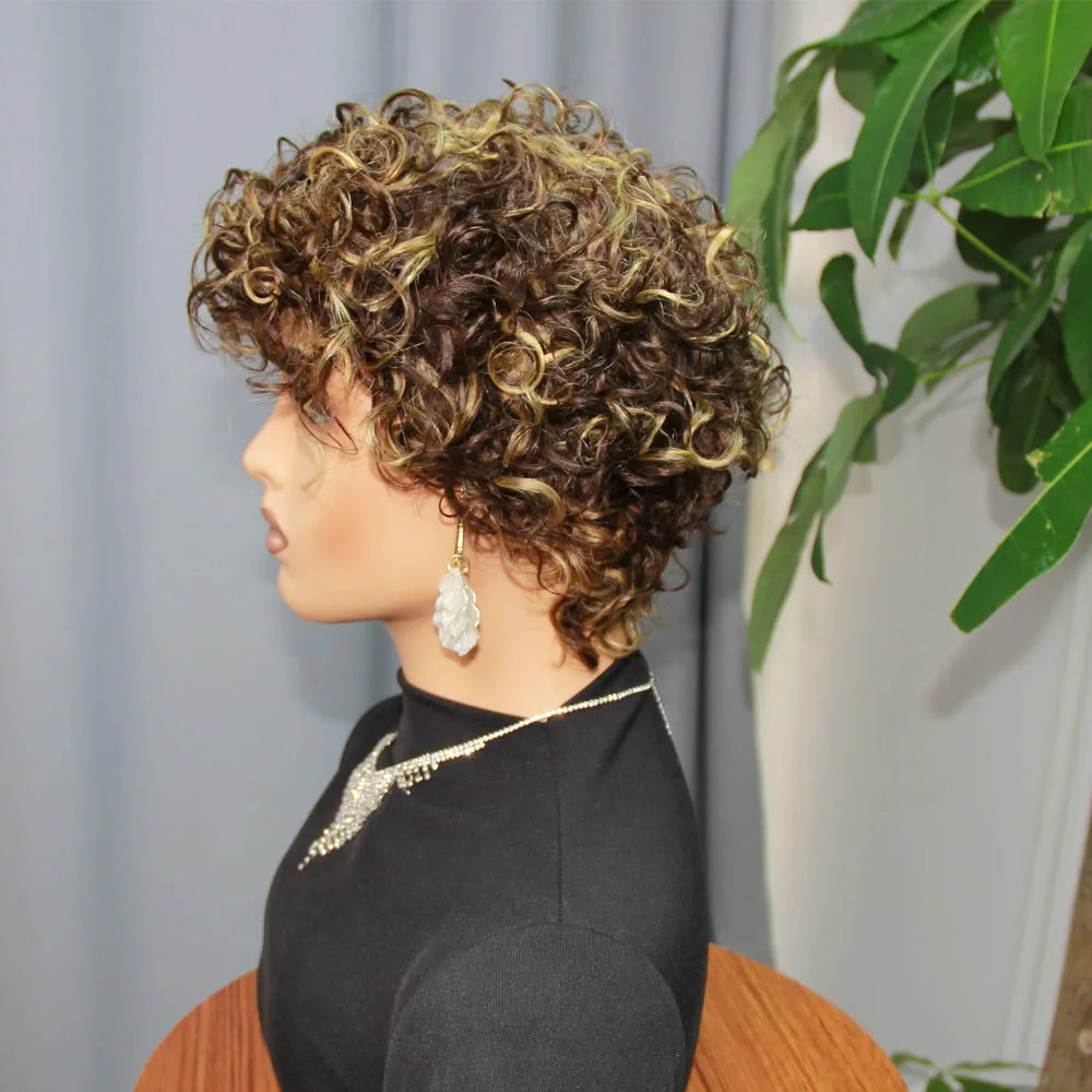 4/27 Highlight Blonde Wigs Human Hair Pixie Curly Bob Wigs Short Bob Human Hair Wigs Preplucked Brazilian Hair 150% Density