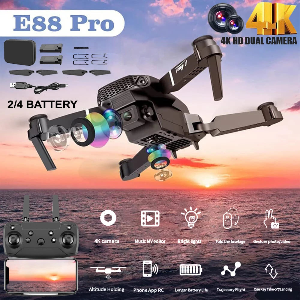 Hd 8k Drone E88 Pro Max Foldable Mini Rc Drone With Dual Camera Colorful Lights Screen Control Boys Gift 10 Min Flight Time