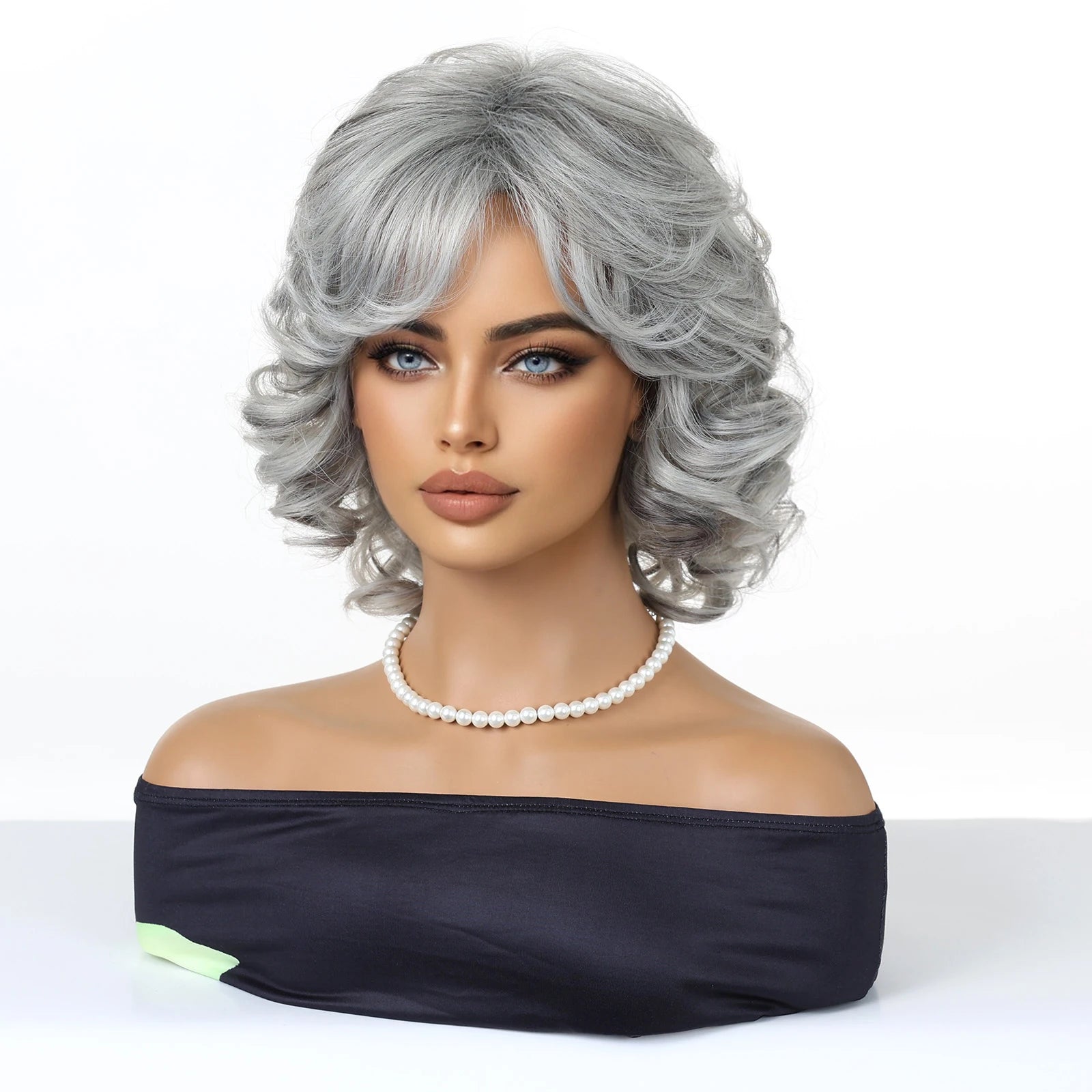Salt & Pepper Gray Loose Curly Short Bob Wig Side Fringe Silky High Temperature Synthetic Hair Lightweight Comfortable Wig Cap Fashion Mature Ladies Wig